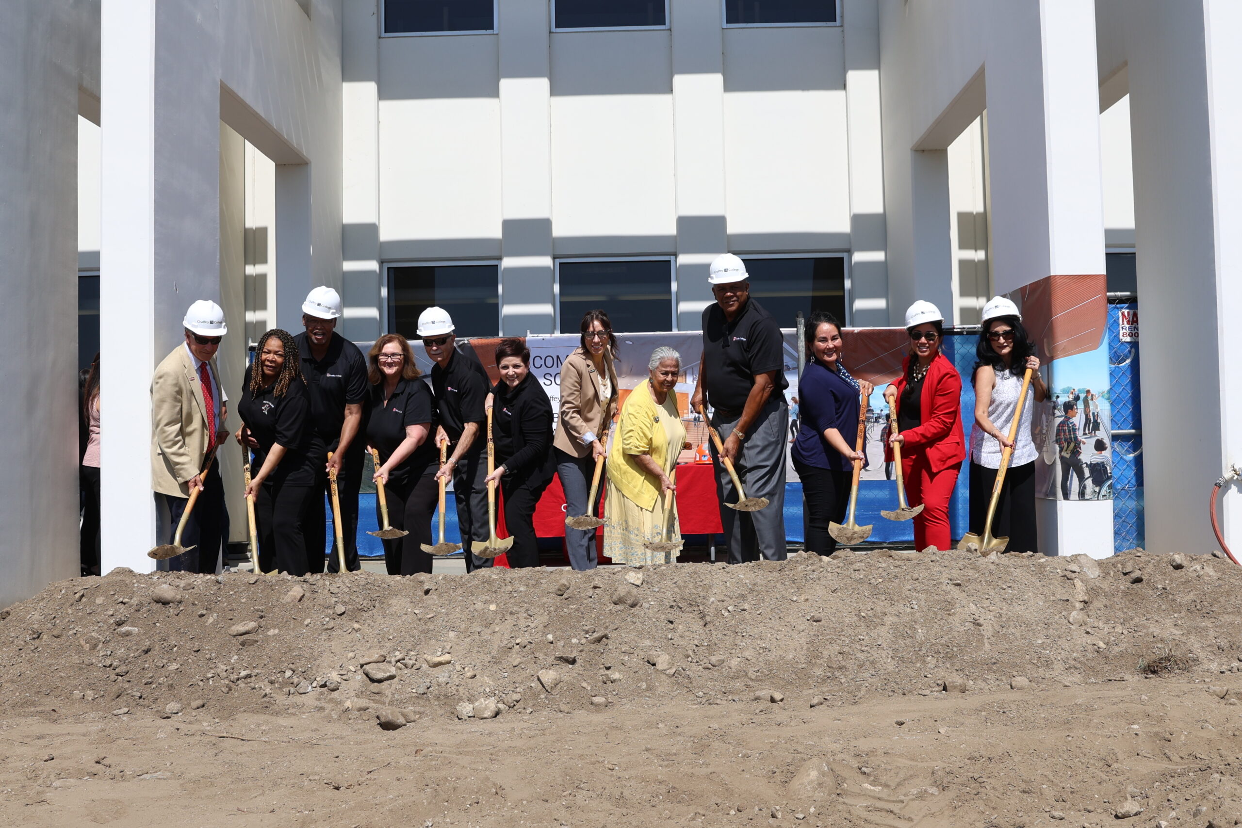 Members of the Chaffey College Governing Board, as well as other campus leaders, gather to break ground on the $75 million Chaffey Library Learning Commons