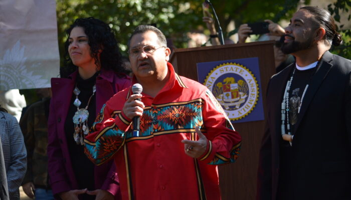 1. Asm. James C. Ramos (D-San Bernardino), center, the chairperson of the Native American Legislative Caucus, authored AB 338, which authorized the California Native American Monument. Ramos is pictured with tribal chairpersons Jesus Tarango, right, from the Wilton Rancheria tribe, and Sara Dutschke, left, from the Ione Band of Miwok Indians. The monument pays tribute to six tribes in the Sacramento Region. Nov. 7, 2023. CBM photo by Antonio Ray Harvey.