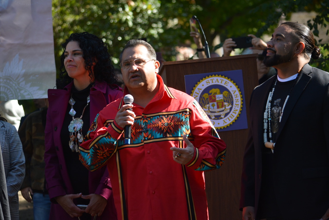 1. Asm. James C. Ramos (D-San Bernardino), center, the chairperson of the Native American Legislative Caucus, authored AB 338, which authorized the California Native American Monument. Ramos is pictured with tribal chairpersons Jesus Tarango, right, from the Wilton Rancheria tribe, and Sara Dutschke, left, from the Ione Band of Miwok Indians. The monument pays tribute to six tribes in the Sacramento Region. Nov. 7, 2023. CBM photo by Antonio Ray Harvey.