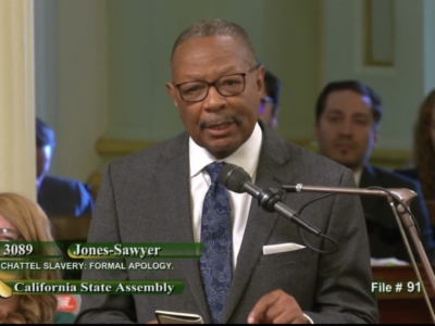 Screenshot of Asm. Reggie Jones-Sawyer on the floor of the California State Assembly asking member of the Assembly to support AB 3089