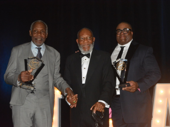 Actor and civil rights activist Danny Glover, left, social justice advocate the Rev. Amos C. Brown, center, and NAACP Cal-Hi State Conference President Rick Callender, right, at the 12th Annual Legacy Hall of Fame ceremony in Sacramento, Calif., on June 10. CBM photo by Antonio Ray Harvey