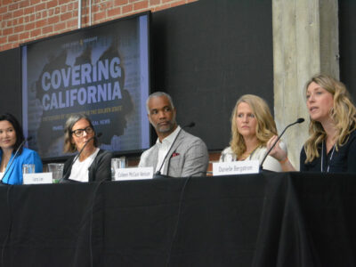 The panel for A Crisis in Local News. Shown right to left, are Danielle Bergstrom (Fresnoland), Colleen McCain-Nelson (Sacramento Bee), Christa Scharfenberg (California Local News Fellowship Program-UC Berekely), and former television broadcast journalist Pamela Wu (News and Media Relations-UC Davis). CBM photo by Antonio Ray Harvey.